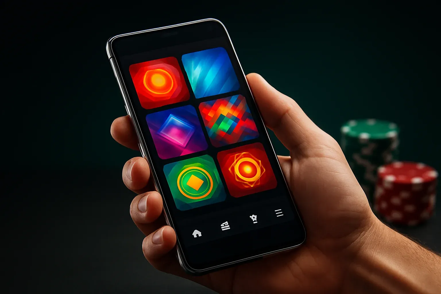 Flagship Android smartphone showing vivid casino app interface in dramatic lighting