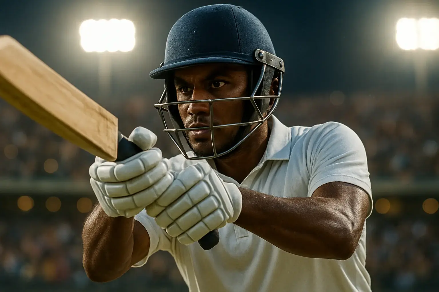 Bangladeshi male cricket batsman mid-swing under dramatic stadium floodlights
