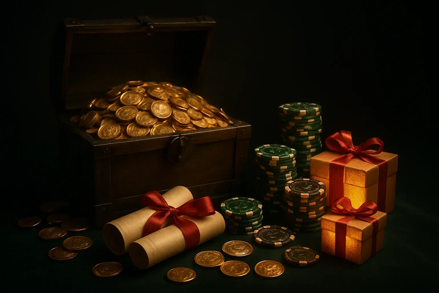 Overflowing treasure chest with gold coins, casino chips, vouchers, and gift boxes