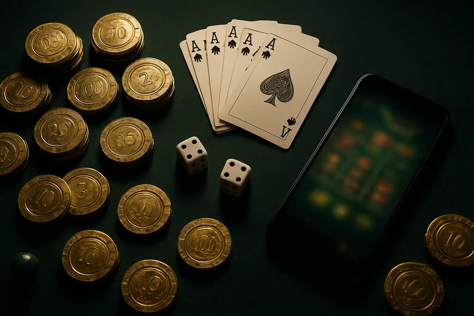 Top-down casino table with golden chips, cards, dice, roulette ball, smartphone