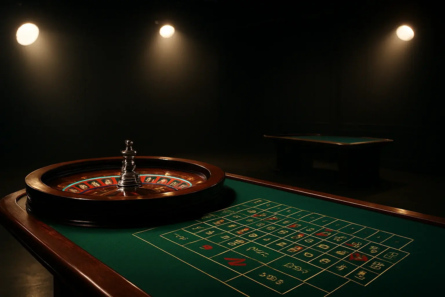 Hyperrealistic live casino studio with empty roulette table and dramatic lighting