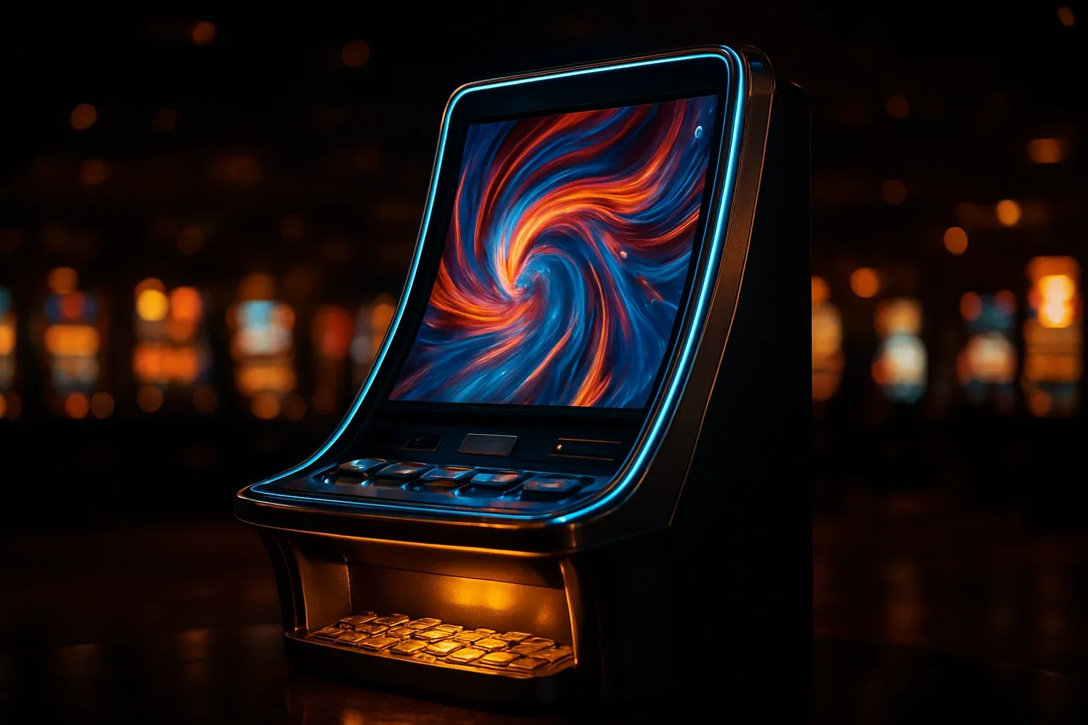 Hyperrealistic premium slot machine glowing in dark luxury casino floor